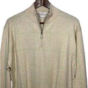 Peter Millar Mens Quarter Zip Sweater Beige Green Plaid Cotton Cashmere Size M